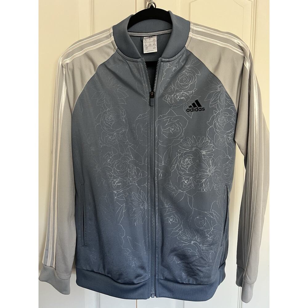 Adidas Blue and Gray Women’s Track Jacket Full Zip Light Floral Print Size M